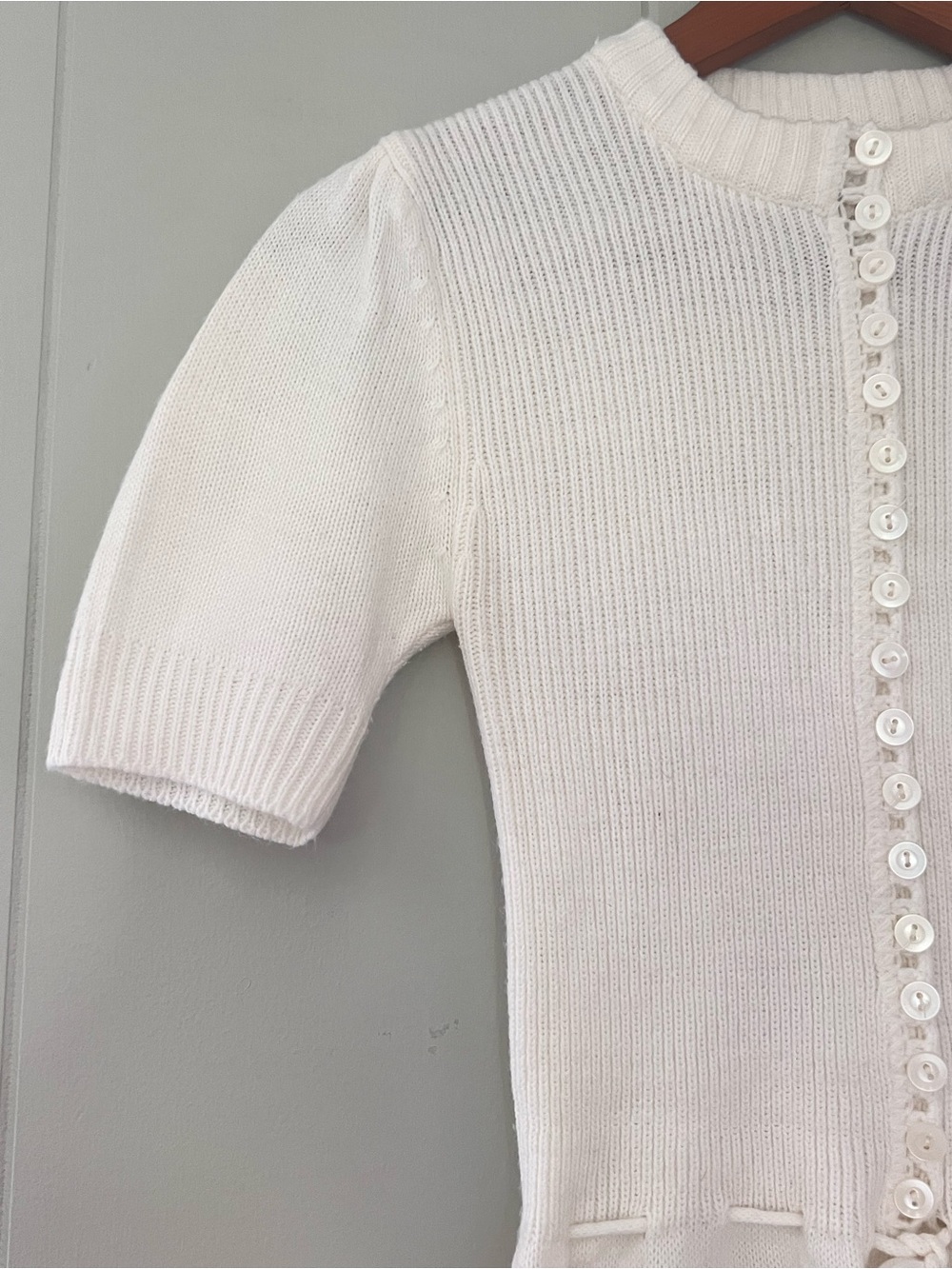 Vintage 70s White Knit Mini Dress Button Front Puff Sleeve Retro Cottagecore S - Picture 10 of 12